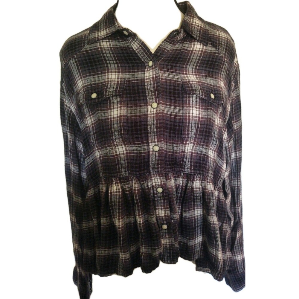 Lucky Brand Flannel Babydoll Plaid Western Button Down Pearl Snap Shirt Size S